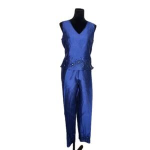 Sunny Leigh Vintage Blue Beaded Silk Dupioni 2 Piece Pants Blouse Set Size M